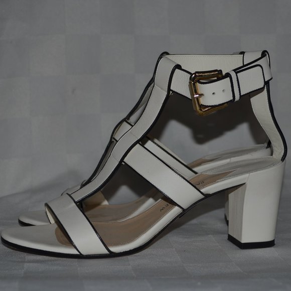 Sz 36.5 6.5 Paul Andrew White Black Trim Strappy 2.75" Heels - Picture 1 of 9